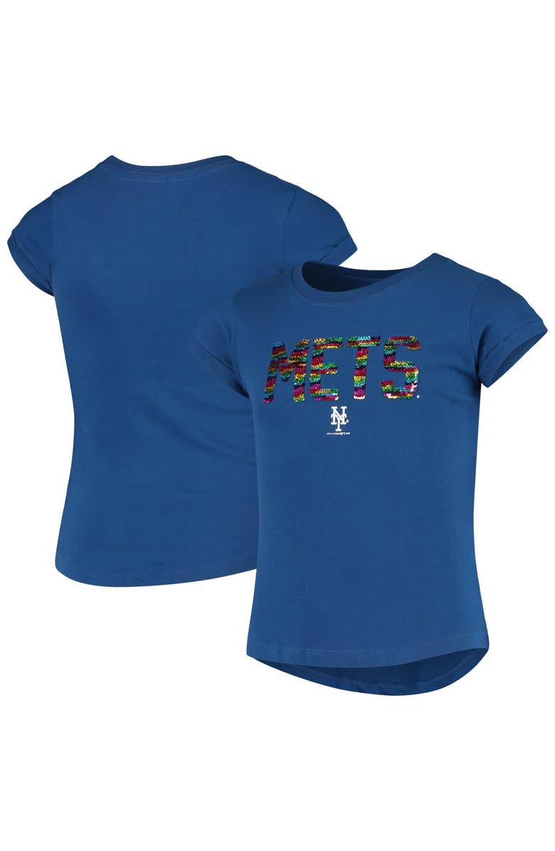 New Era Girls Youth New Era Royal New York Mets Flip Sequin T-Shirt, Main, color,