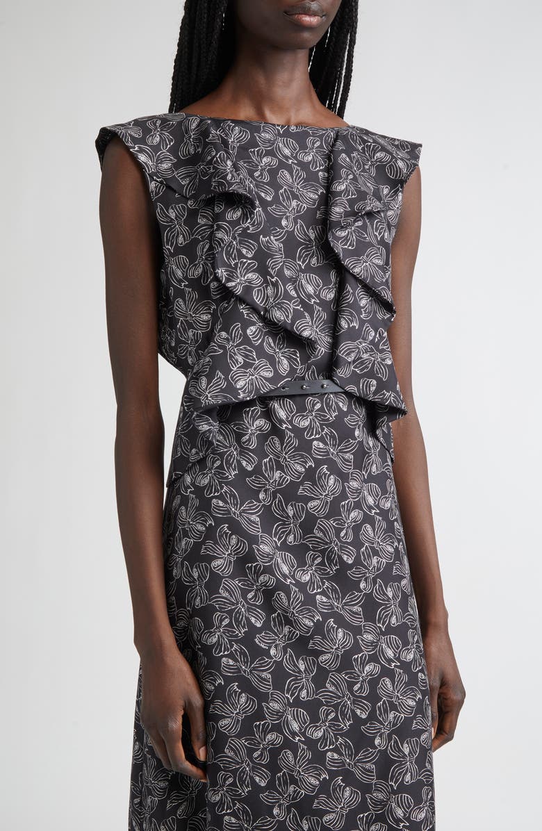 Max Mara Calesse Bow Print Silk Twill Midi Dress, Alternate, color, Black/ White
