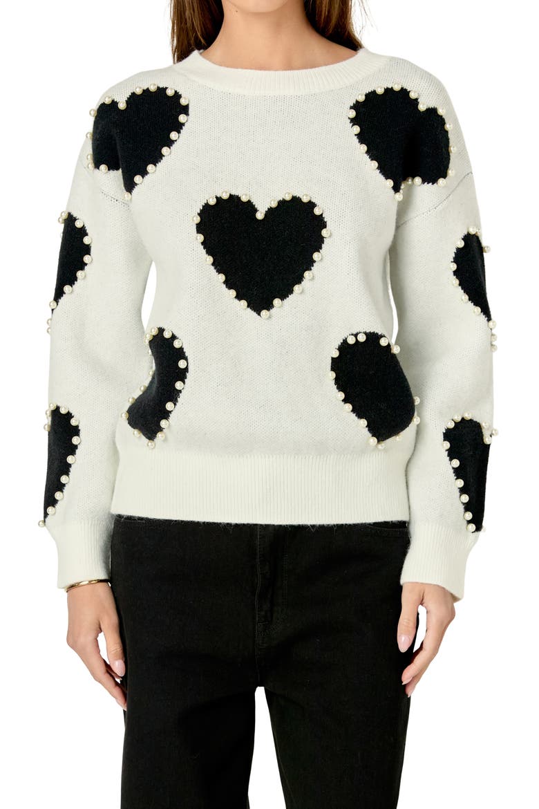 Heart Imitation Pearl Sweater, Main, color, BLACK MULTI