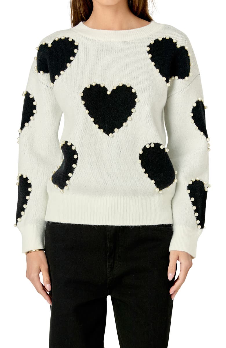 English Factory Heart Imitation Pearl Sweater, Main, color, Black Multi