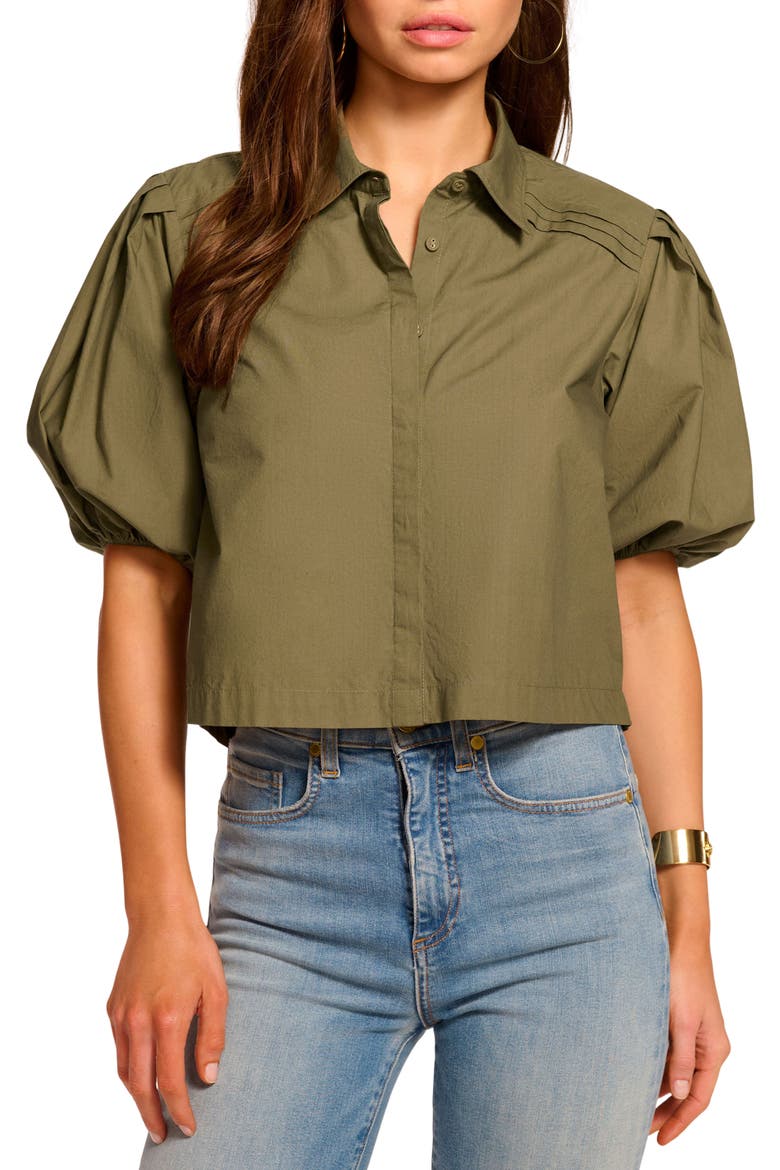 Valeria Puff Sleeve Cotton Button-Up Shirt, Main, color, OLIVE GREEN