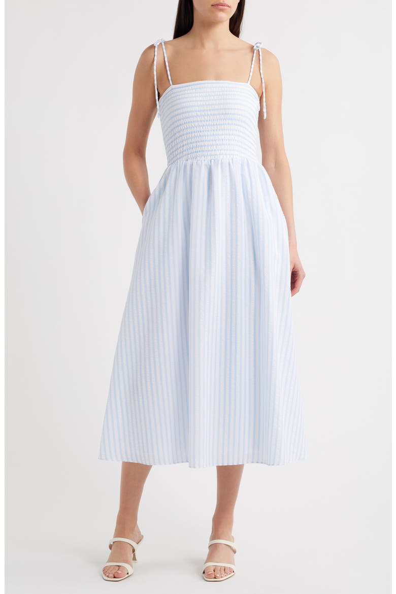Tie Shoulder Smocked Midi Dress, Main, color, BLUE WHITE