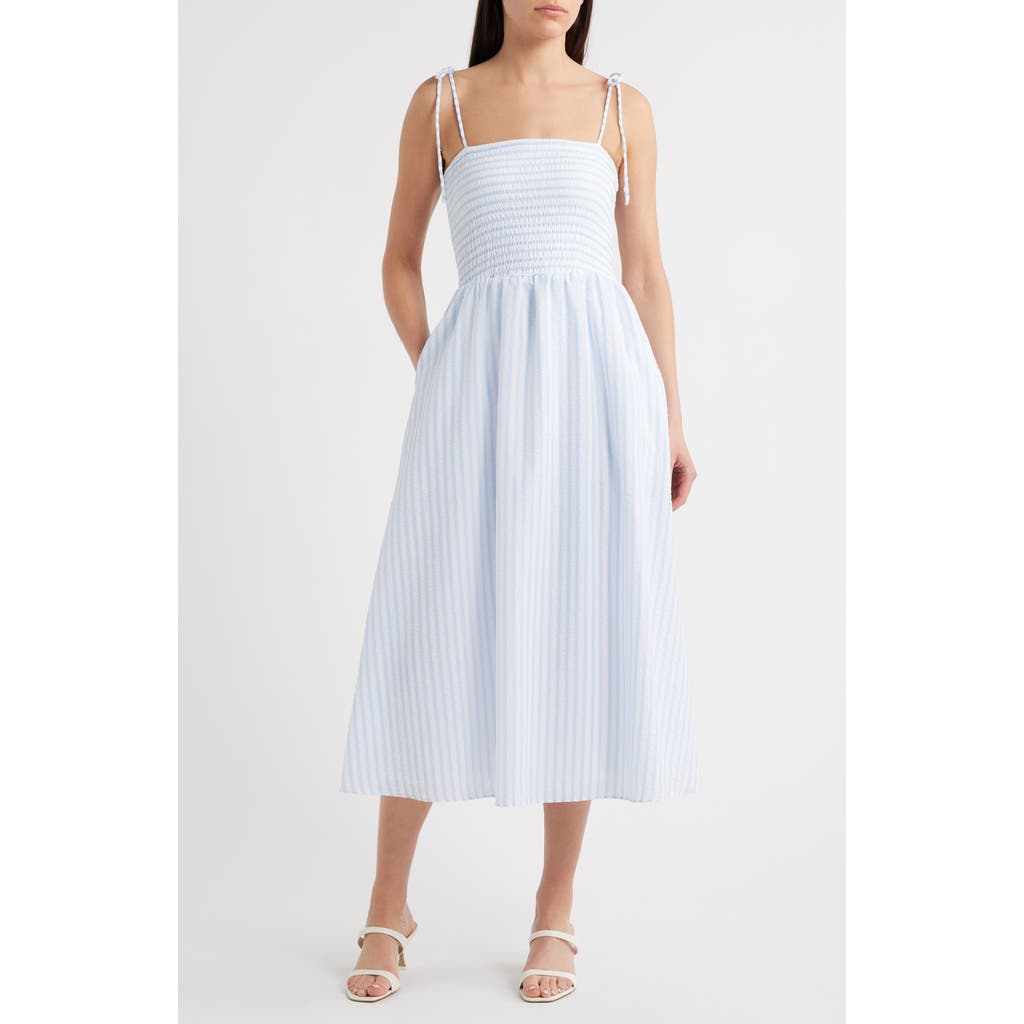 Julia Jordan Tie Shoulder Smocked Midi Dress In Blue