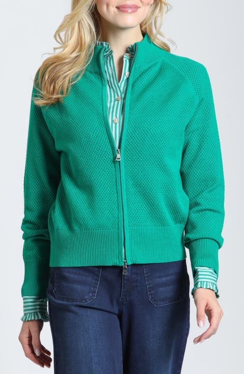 Mesh Pointelle Zip Full Zip Sweatshirt