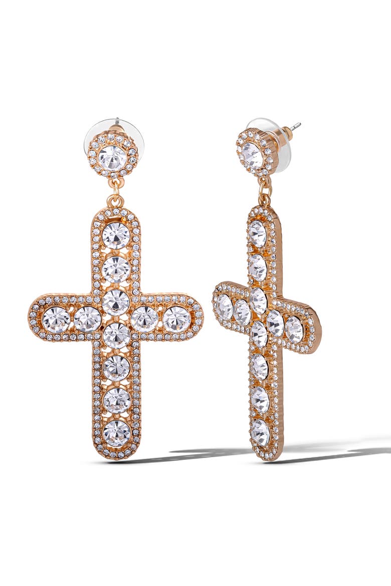 Crystal Cross Drop Earrings, Alternate, color, Gold