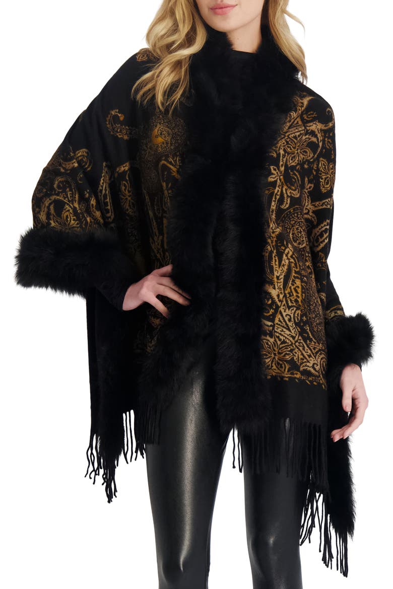 Double Face Cashmere Stole With Genuine Shearling Trim, Alternate, color, BLACK GOLD PAISLEY