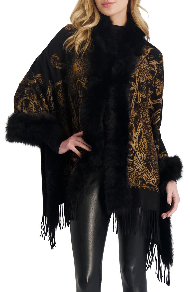 GORSKI Double Face Cashmere Stole With Genuine Shearling Trim, Alternate, color, Black Gold Paisley