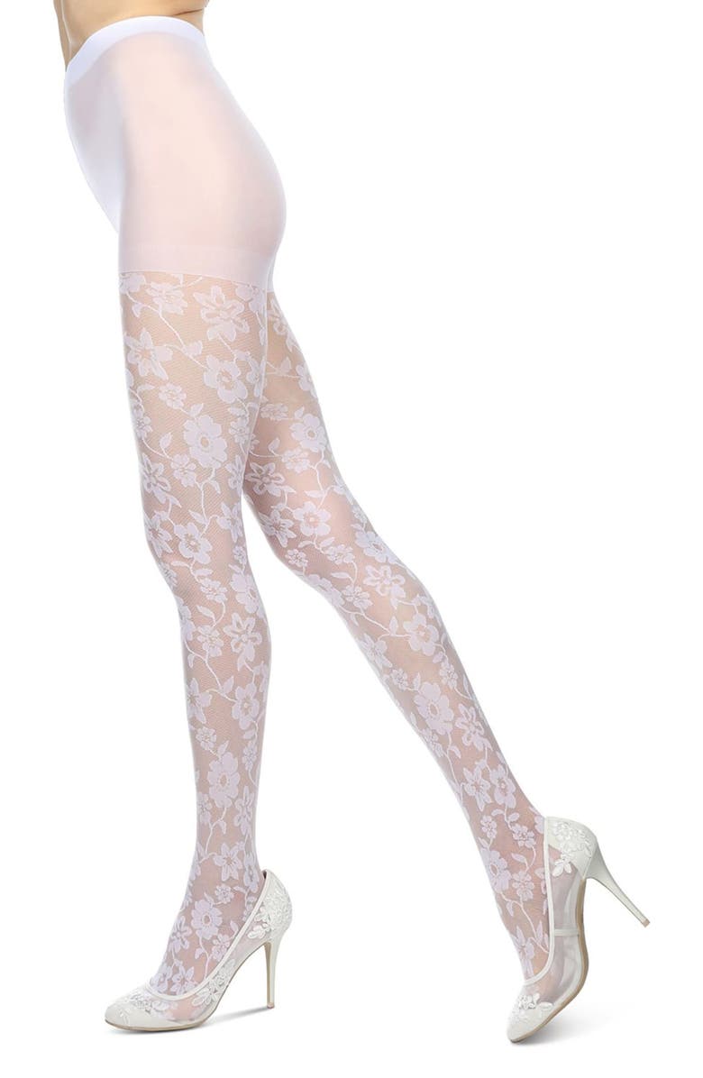 MeMoi Floral Sheer Tights, Alternate, color, White