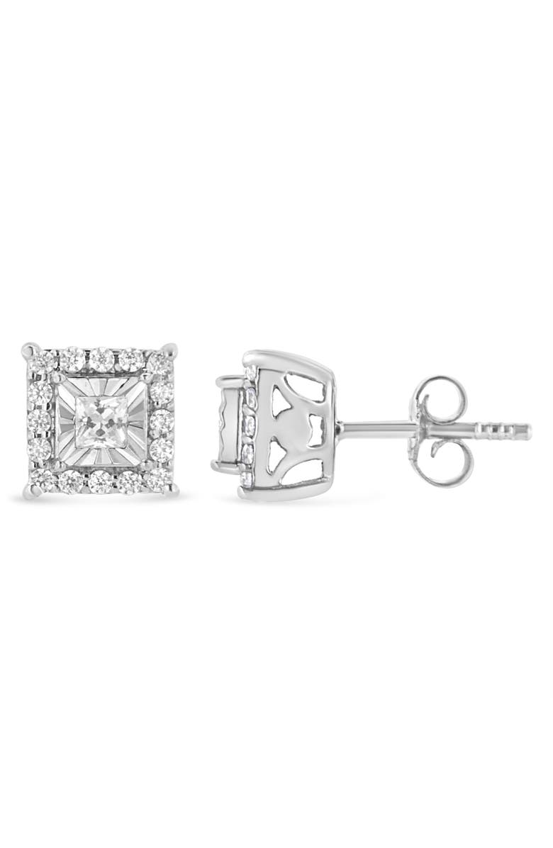 Haus of Brilliance Silver 1/4 Ct Princess and Round Diamond Halo Stud Earrings, Alternate, color, White