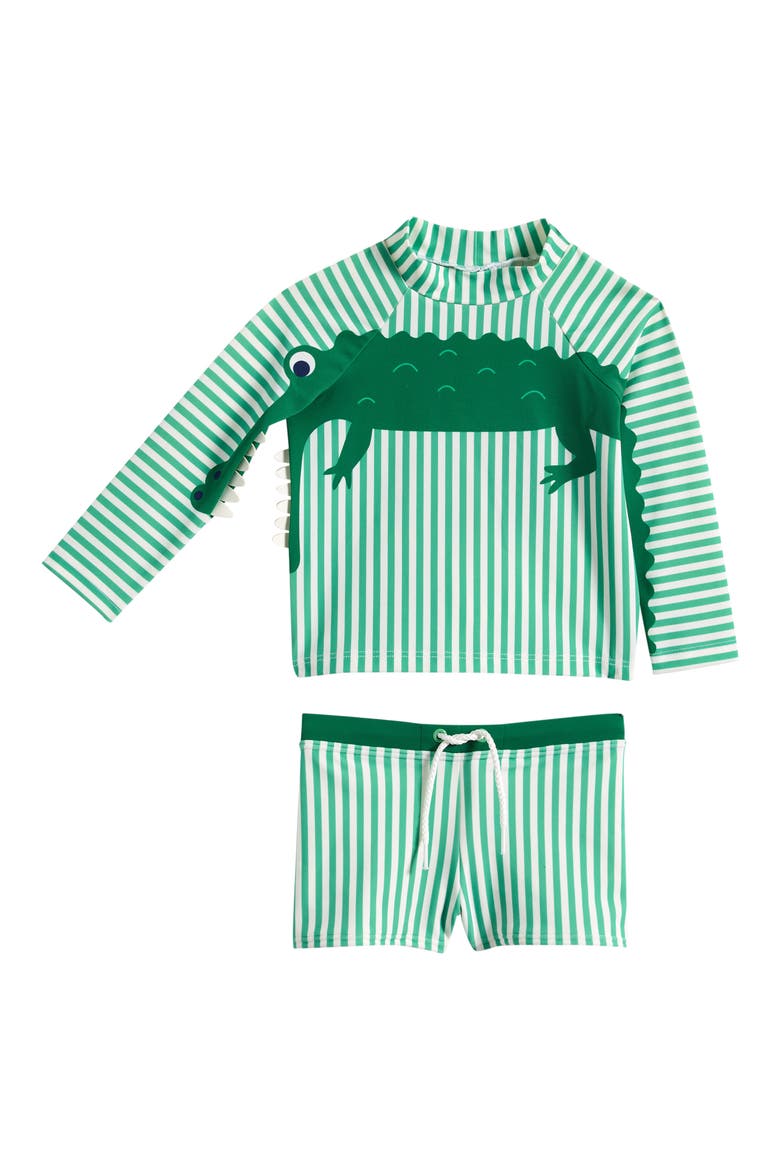 Stripe Long Sleeve Two-Piece Rashguard Swimsuit, Main, color, GREEN CROC