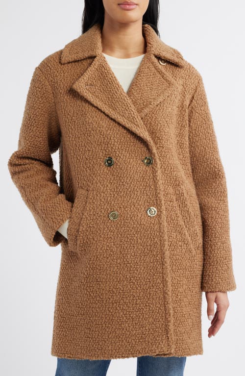 Michael Kors Double Breasted Wool Blend Bouclé Coat in Dark Camel 