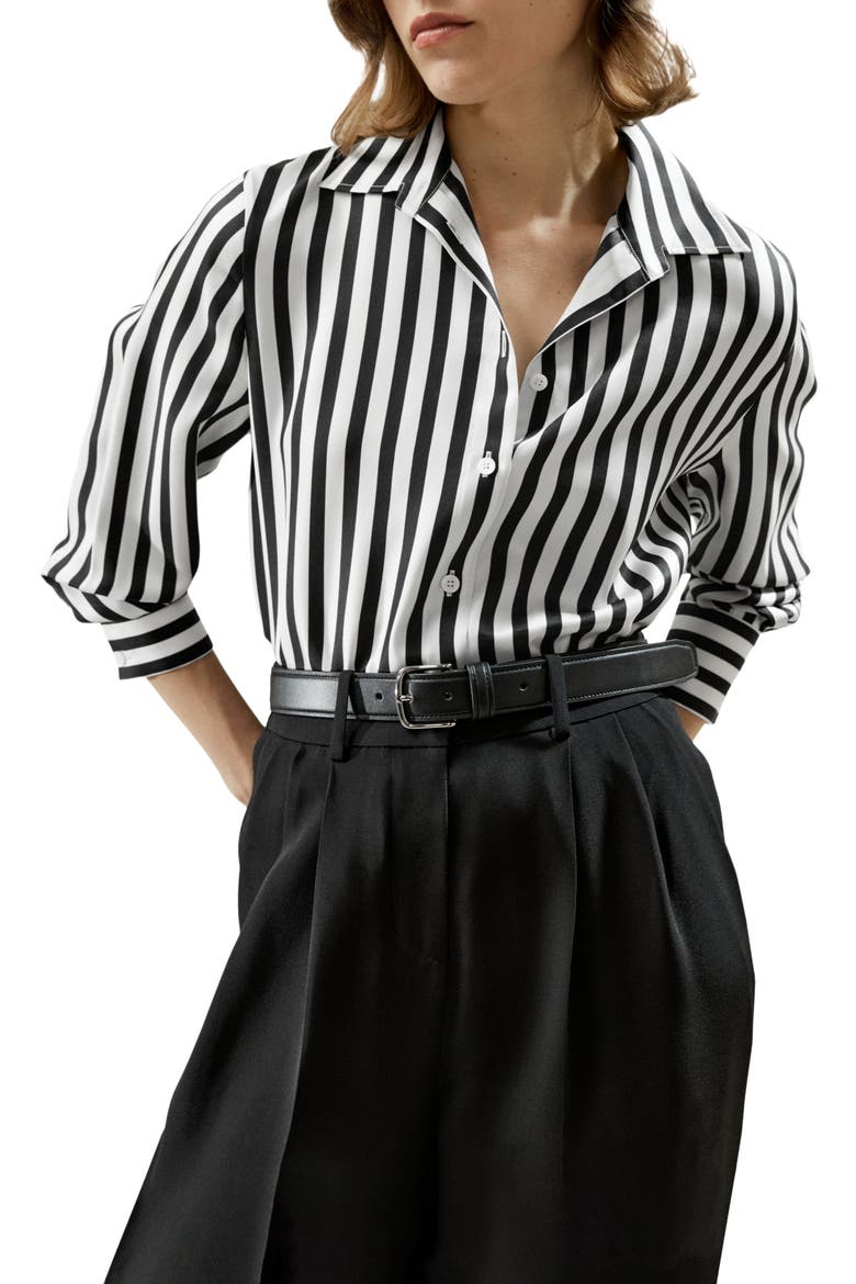 Classic Striped Silk Shirt, Main, color, Black-White Pinstripes