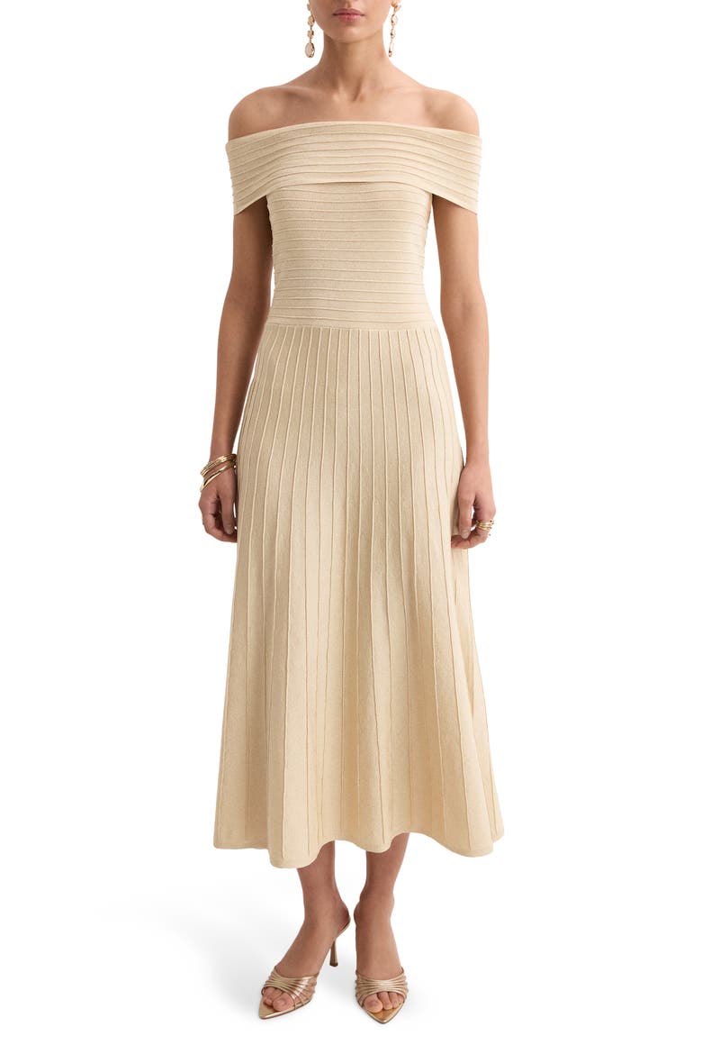 Off the Shoulder Flared Sweater Dress, Main, color, GOLD