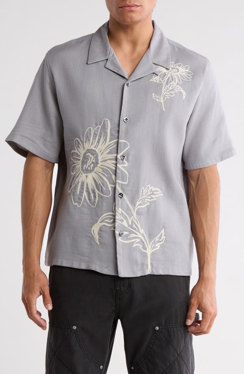 PacSun Weave Floral Embroidered Camp Shirt, Main, color, Grey Blue