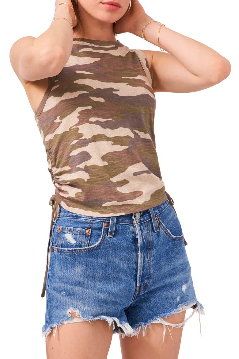 Camo Print Side Tie Ruched Cotton & Modal Tank Top, Alternate, color, OLIVE GREEN