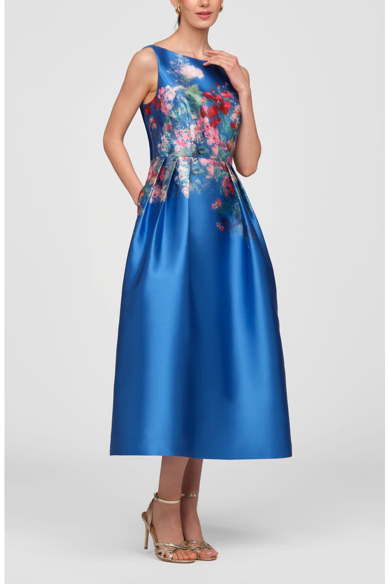Dina Placed Floral Mikado Cocktail Dress, Alternate, color, OXFORD BLUE