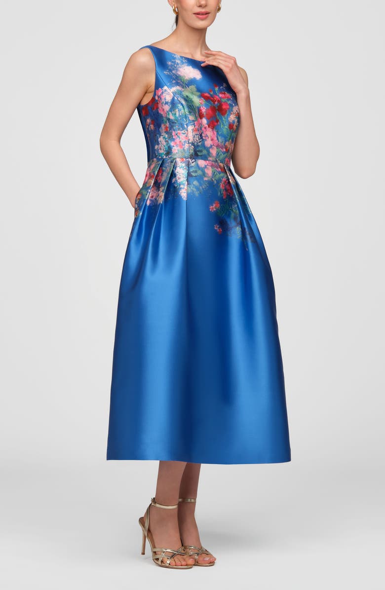 Kay Unger Dina Placed Floral Mikado Cocktail Dress, Alternate, color, Oxford Blue