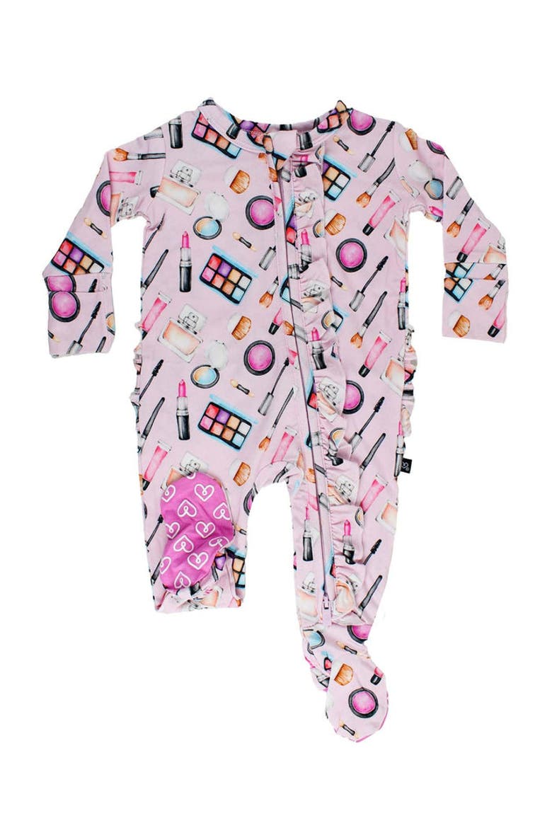 Makeup Print Ruffled Footie Pajamas, Main, color, Pink