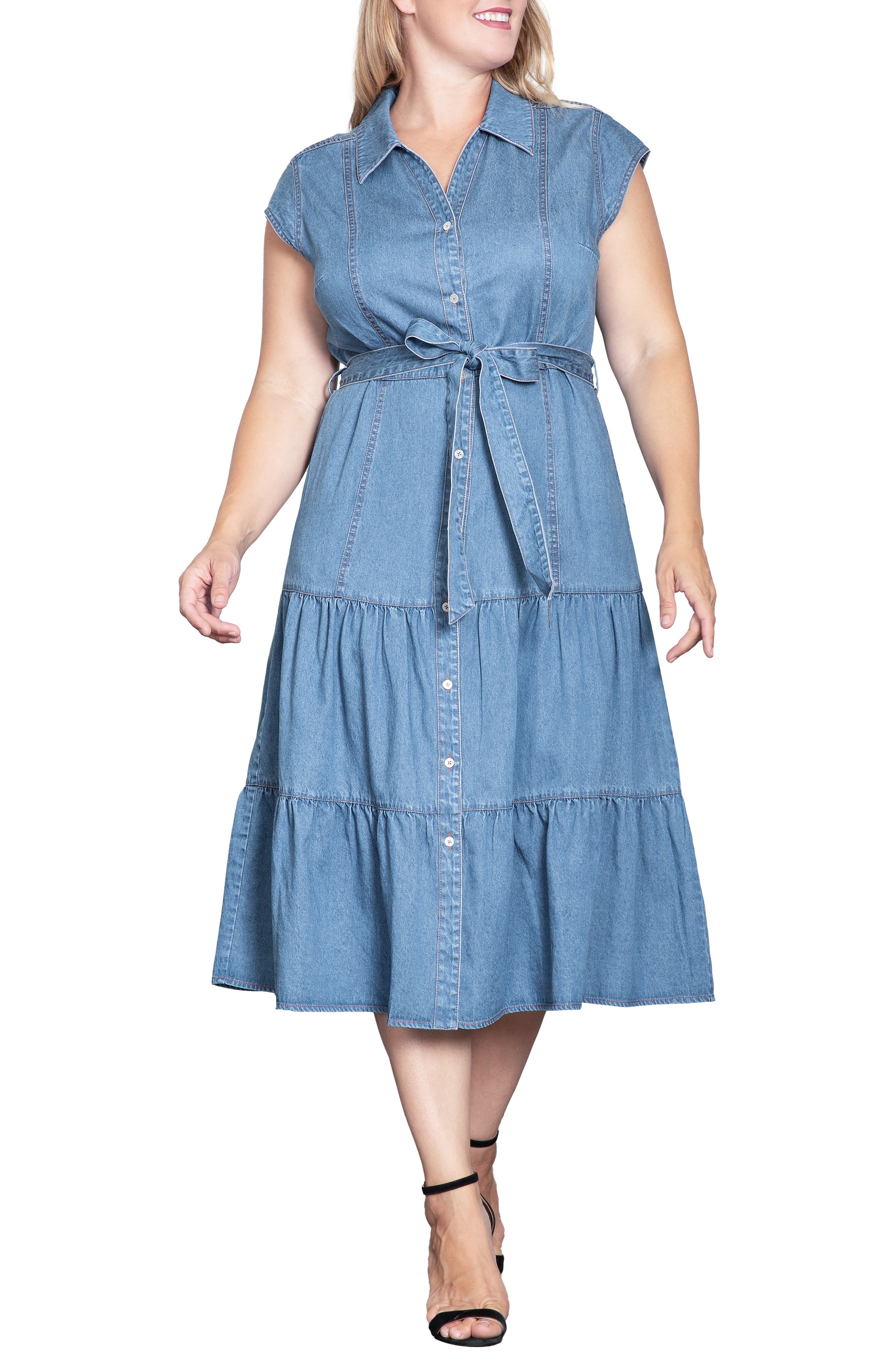 Tiered Denim Midi Shirtdress