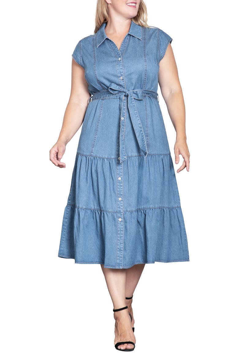Tiered Denim Midi Shirtdress, Main, color, BLUE RINSE