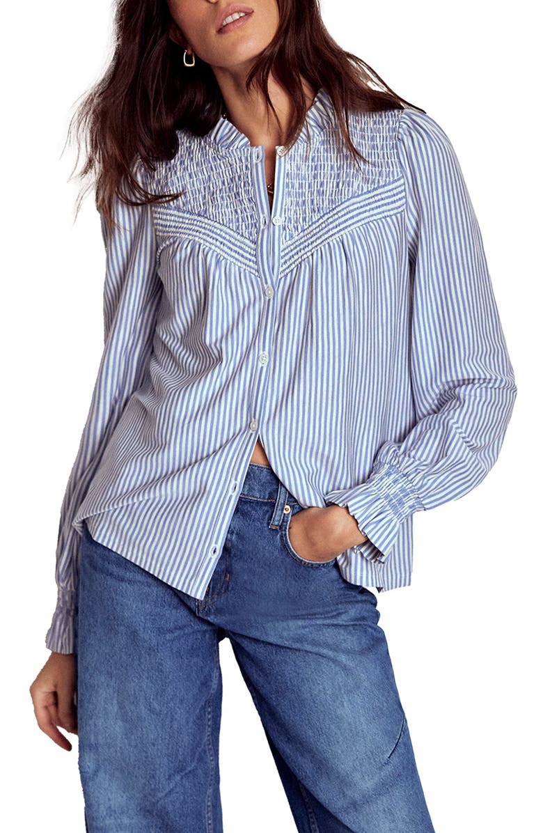 Boden Stripe Smocked Yoke Button-Up Blouse, Main, color, Blue And Ivory Stripe
