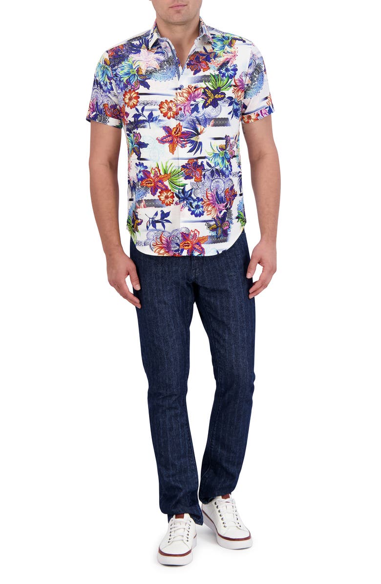 Robert Graham Kendari Floral Short Sleeve Linen & Cotton Button-Up Shirt, Alternate, color,