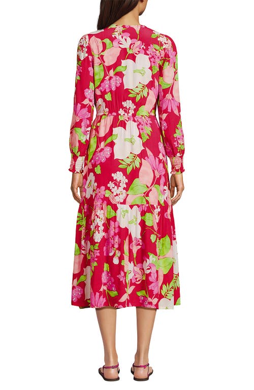 Lands' End Crepe Button Front Long Sleeve Midi Dress In Berry Rouge Lilies