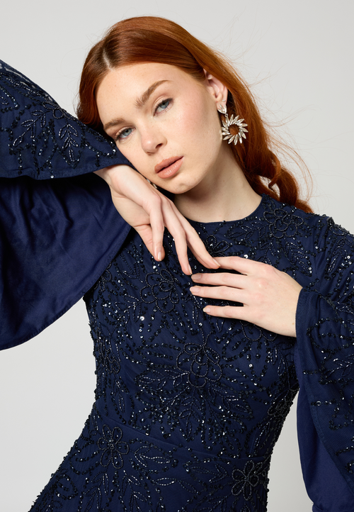 Maryisa Modest Embellished Sequin Beaded Maxi Dress With Frilled Sleeves