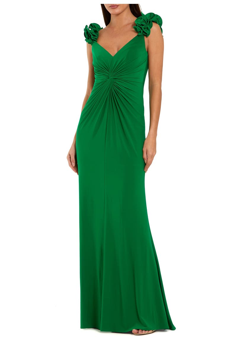 Mac Duggal Jersey V Neck Gown With 3D Flower Straps, Main, color, Spring Green