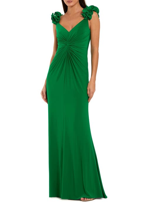 Jersey V Neck Gown With 3D Flower Straps
