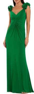 Mac Duggal Jersey V Neck Gown With 3D Flower Straps
