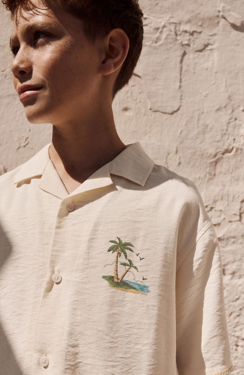 NEXT Kids' Palm Tree Short Sleeve Graphic Button-Up Shirt, Alternate, color, Neutral