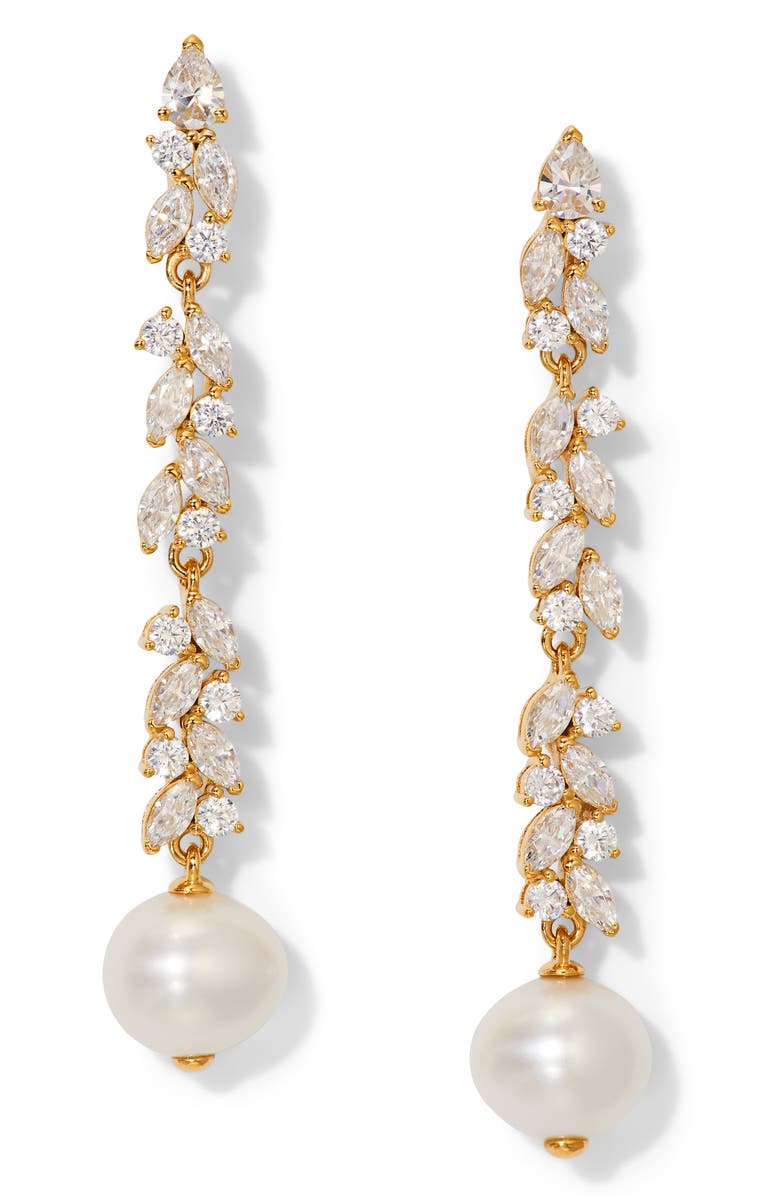 Nadri Savannah Cubic Zirconia & Pearl Linear Drop Earrings, Main, color, Gold