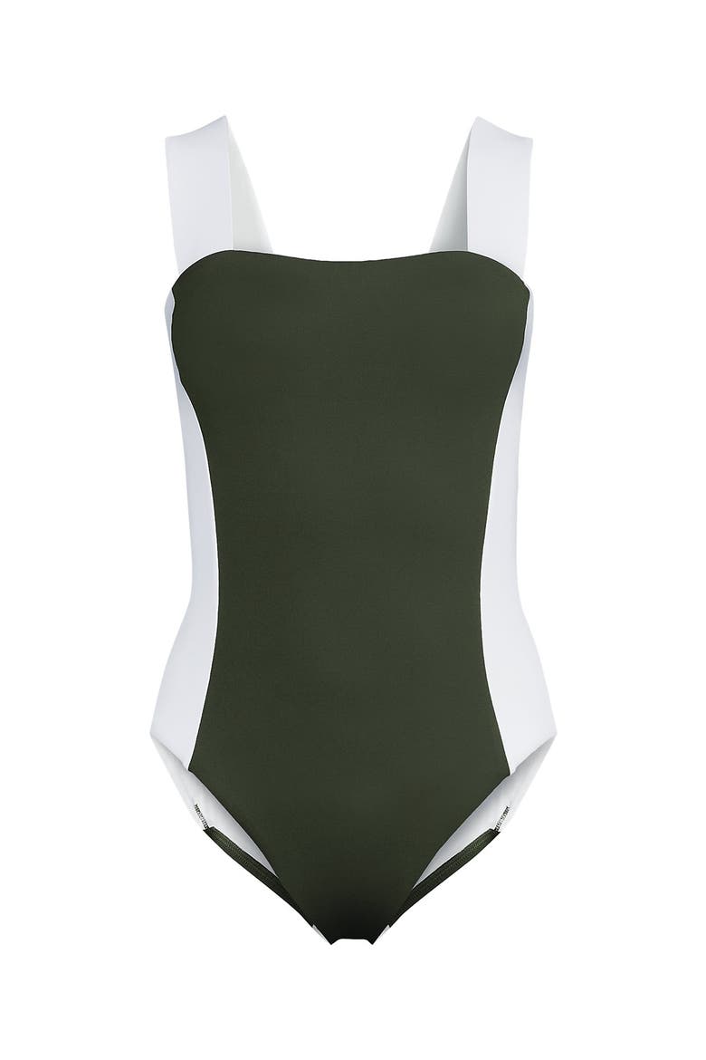 Square Neck High Leg One Piece Swimsuit, Alternate, color, Rich Olive Green/White