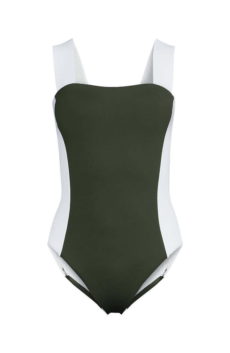 Lands' End Square Neck High Leg One Piece Swimsuit, Alternate, color, Rich Olive Green/White