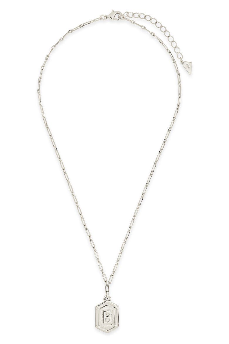 Rhodium Plated Hexagon Tag Initial Pendant Necklace, Alternate, color, SILVER-B
