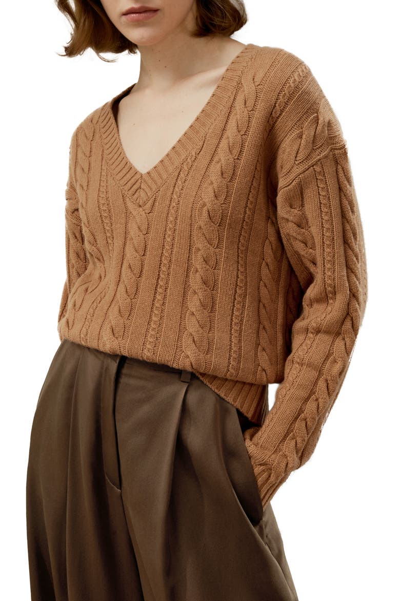 Cable-Knit Wool-Cashmere Blend Sweater, Main, color, Toffee