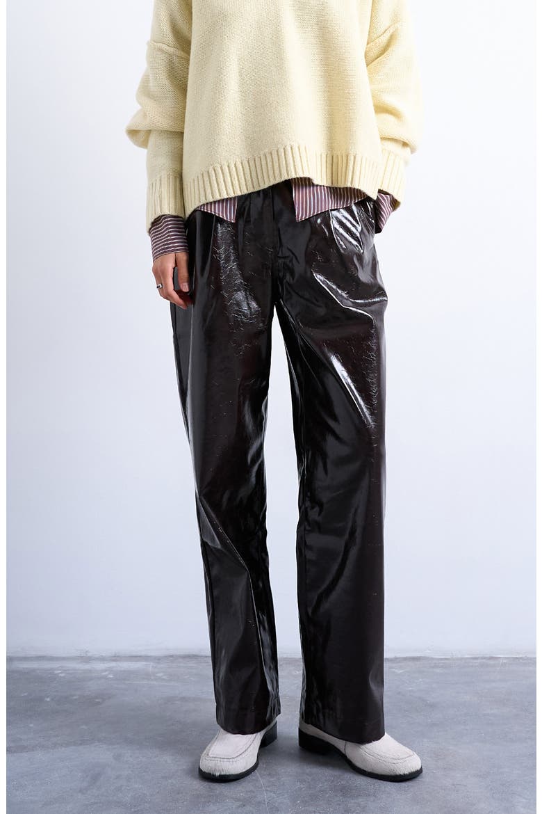 Pleat Front Straight Leg Faux Leather Pants, Main, color, BROWN