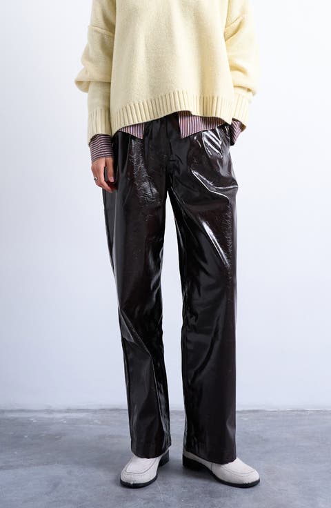 Pleat Front Straight Leg Faux Leather Pants