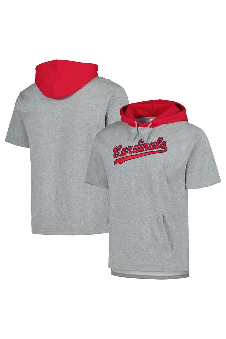 Men's Mitchell & Ness Heather Gray St. Louis Cardinals Postgame Short Sleeve Pullover Hoodie, Main, color, Heather Gray