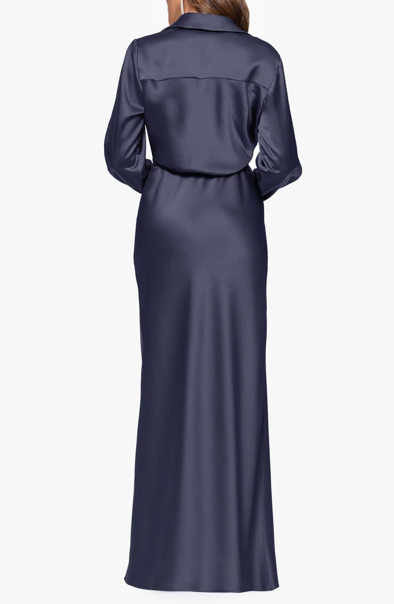Xscape Evenings Collar Long Sleeve Satin Gown, Alternate, color, Navy