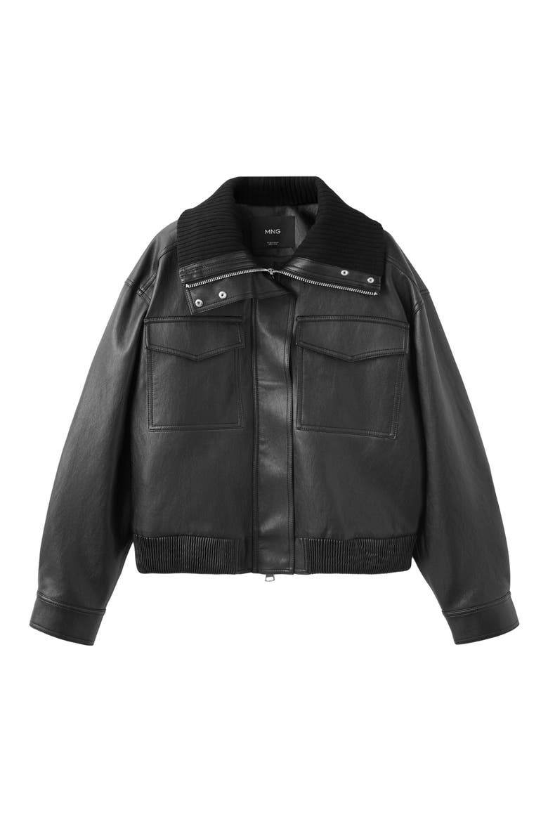 Crop Rib Faux Leather Jacket, Alternate, color, BLACK