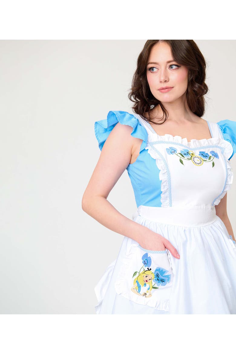 1950s Ruffled Apron Swing Dress, Alternate, color, Blue & White Alice Print
