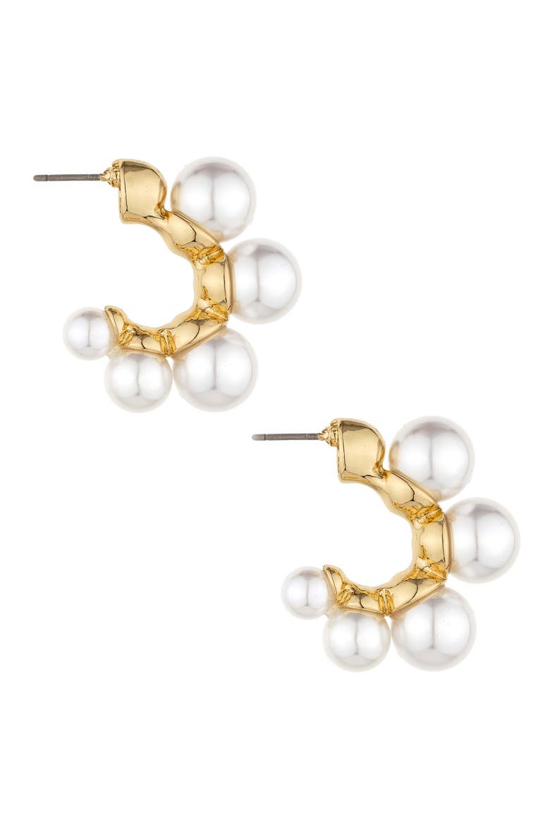 Five-Point Imitation Pearl Huggie Hoop Earrings, Alternate, color, GOLD