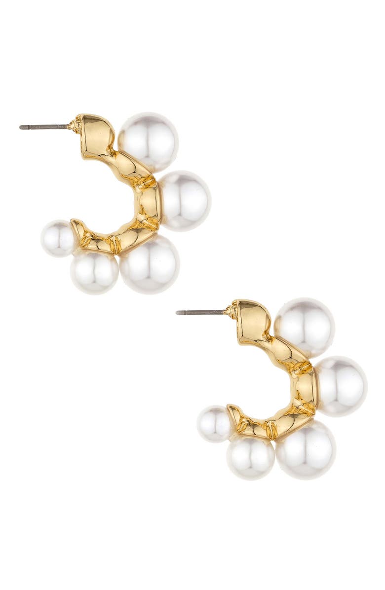 Ettika Five-Point Imitation Pearl Huggie Hoop Earrings, Alternate, color, Gold