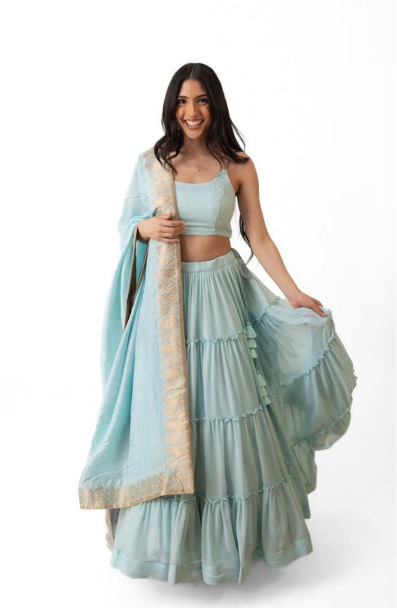 RAAS Elvia Tiered Lehenga Choli Set, Main, color, Light Blue