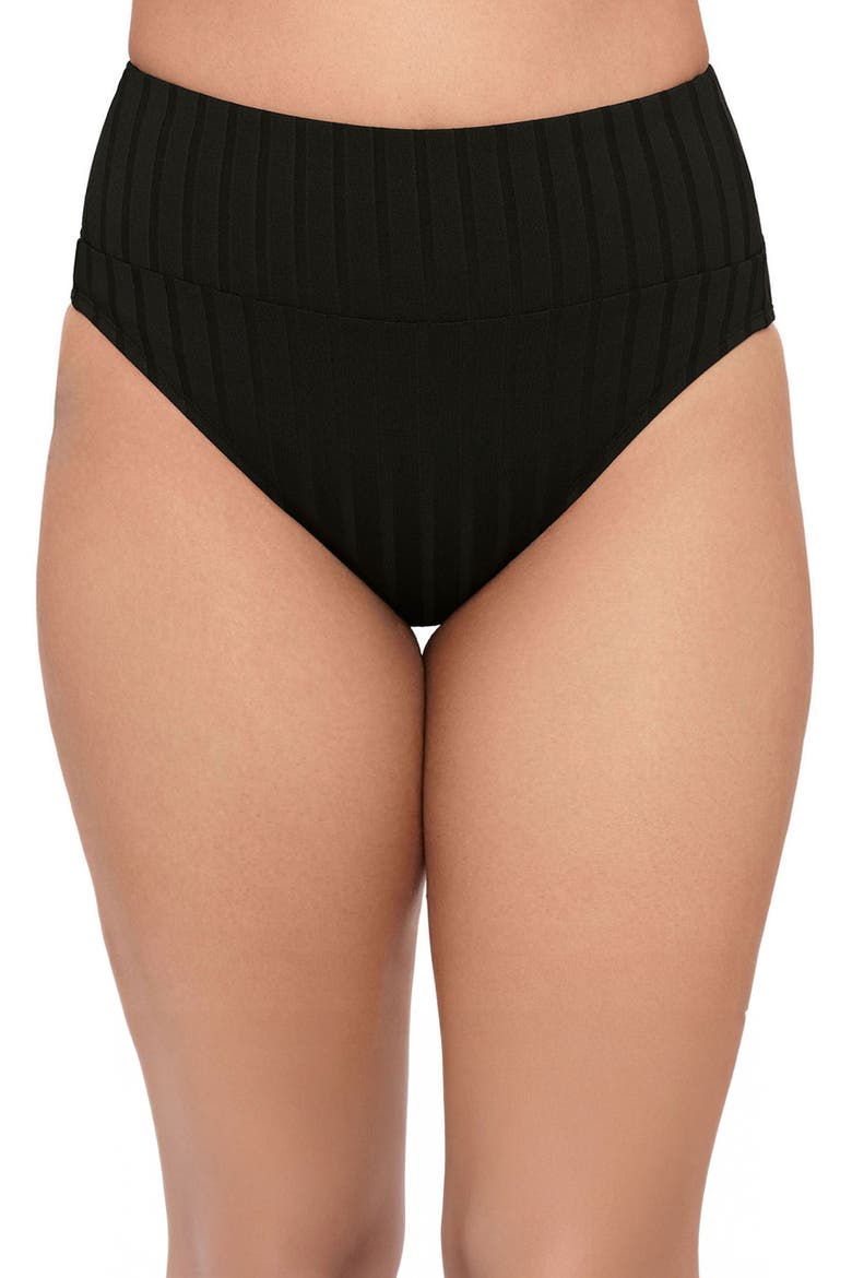 Smoothing and Sculpting Wide Ribbed Ultra High Waist Banded Swim Bottoms, Main, color, Onyx Black Wide Rib