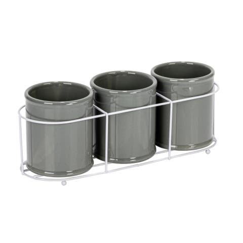 Farmhouse Ceramic Crocks in Metal Holder, Grey and White