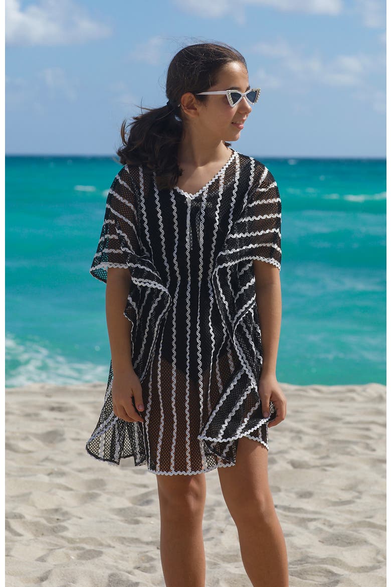 Striped Mesh Caftan Pareo, Alternate, color, Black-White