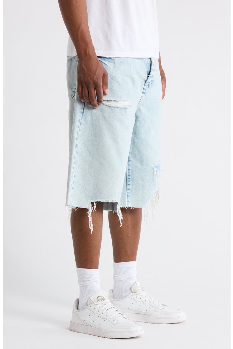 Blowout Patched Raw Hem Denim Shorts, Alternate, color, LIGHT INDIGO